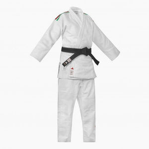 Weißer Judogi Adidas J730 Champion III IJF schlanke Streifen Italien