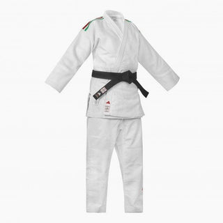 Weißer Judogi Adidas J730 Champion III IJF schlanke Streifen Italien